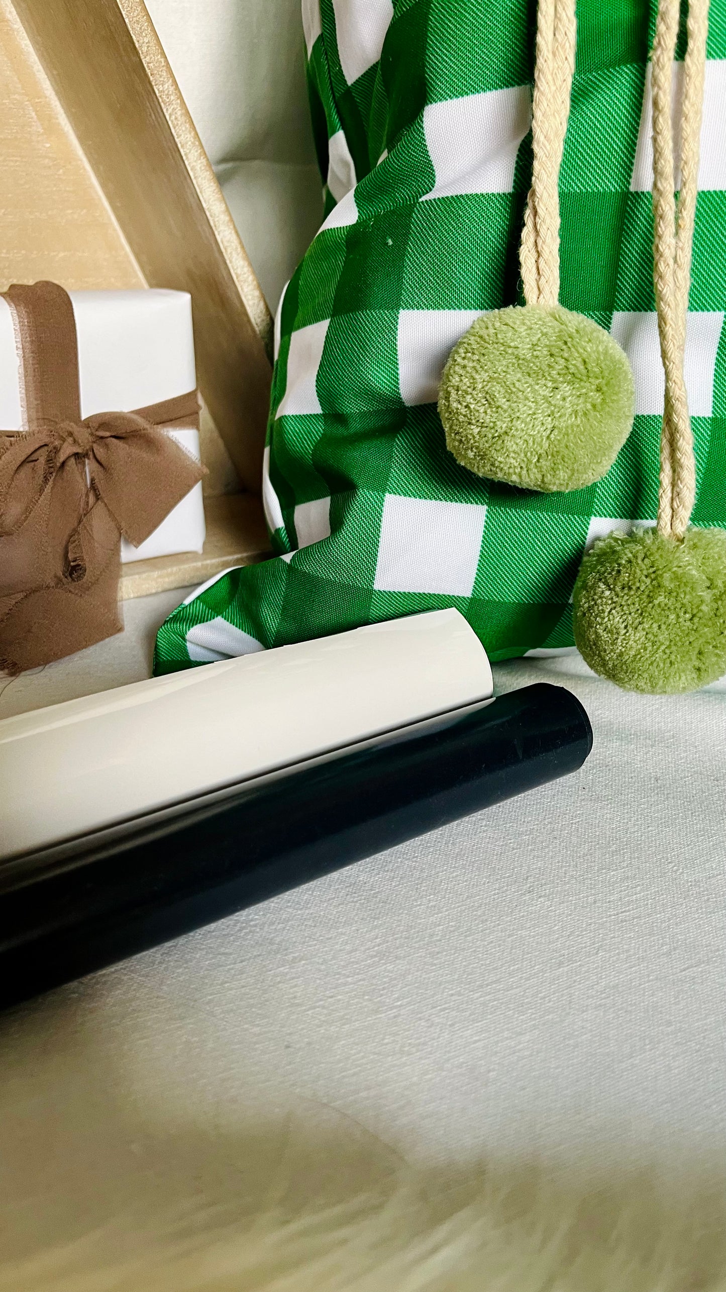 Green gingham with mid stripe Santa sack