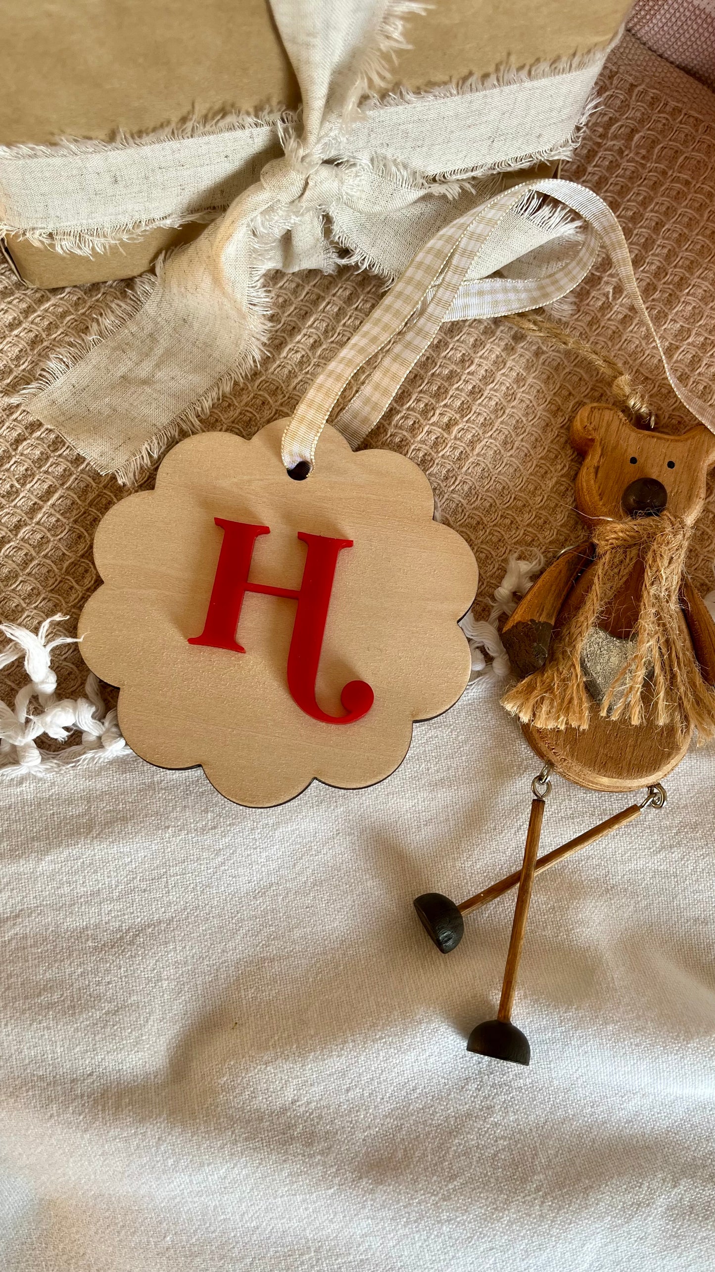 Ply + acrylic initial letter wavy circle bauble
