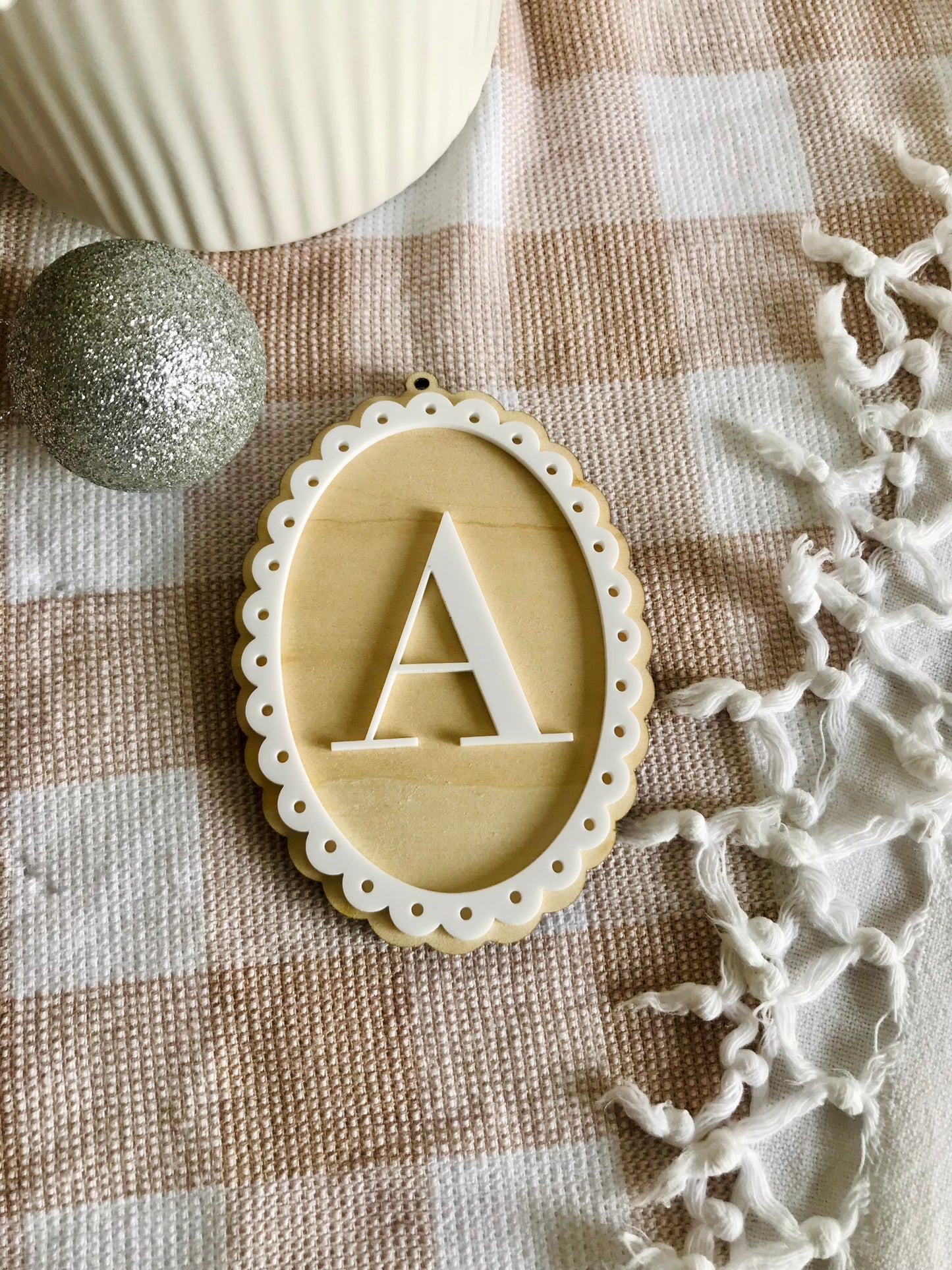 Scallop ply + acrylic initial letter wavy circle bauble