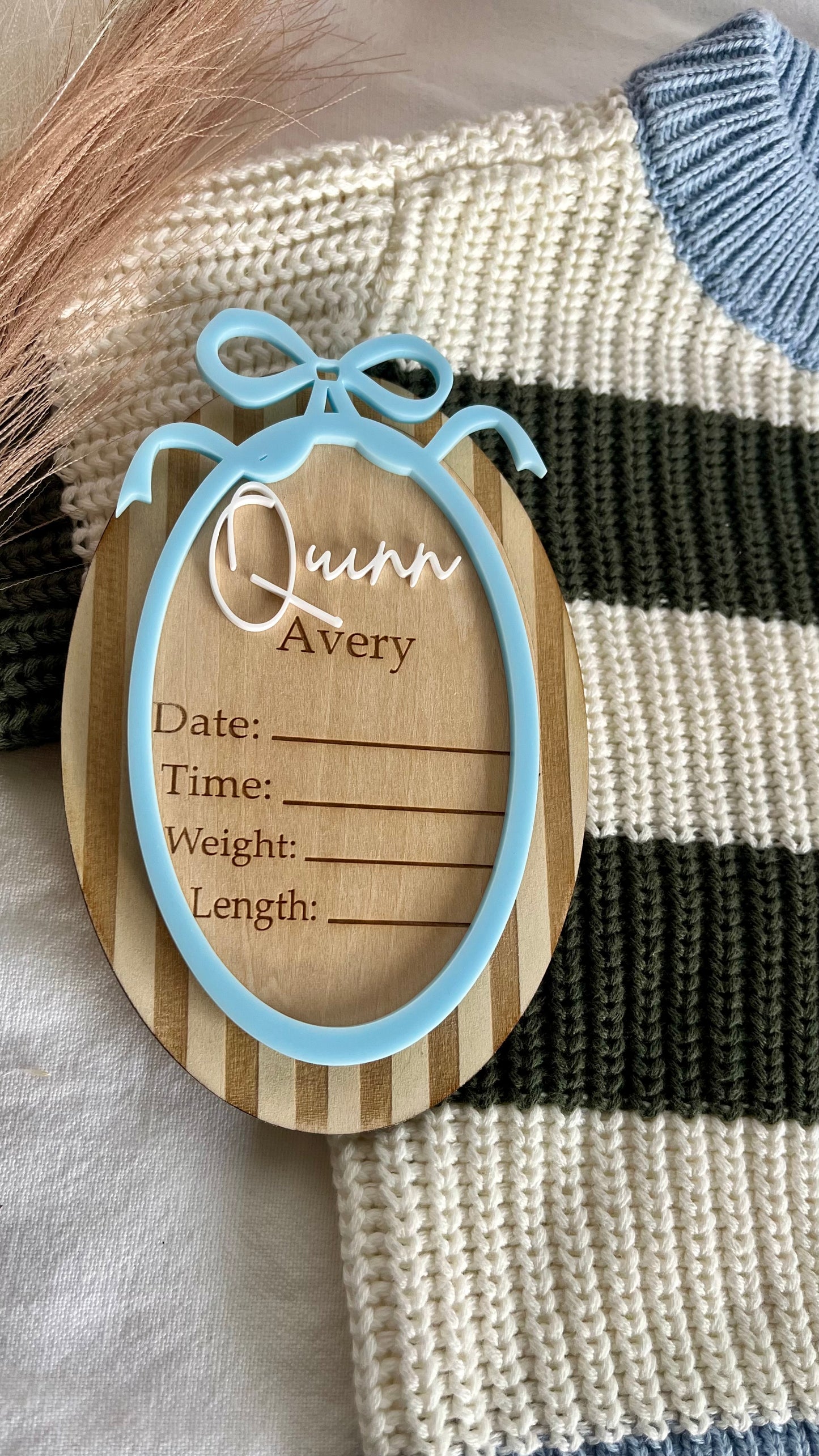 Stripey bow oval birth announcement plaque