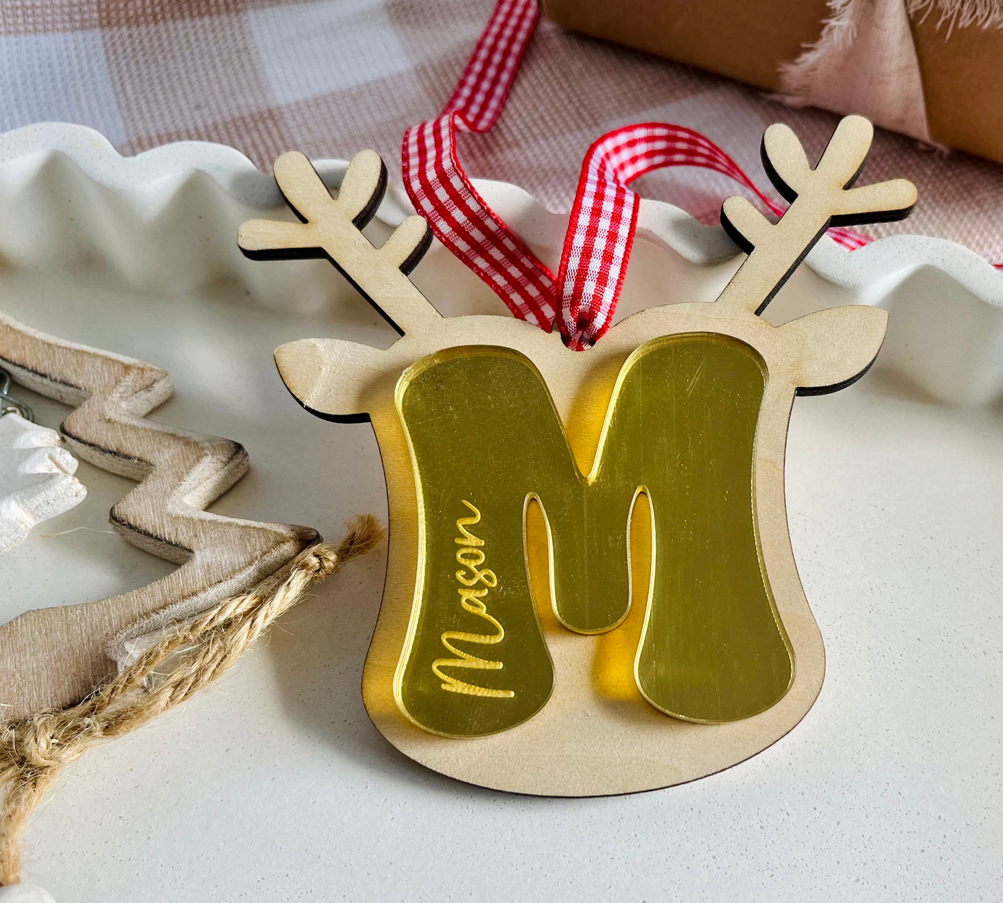 Gold mirror reindeer bauble