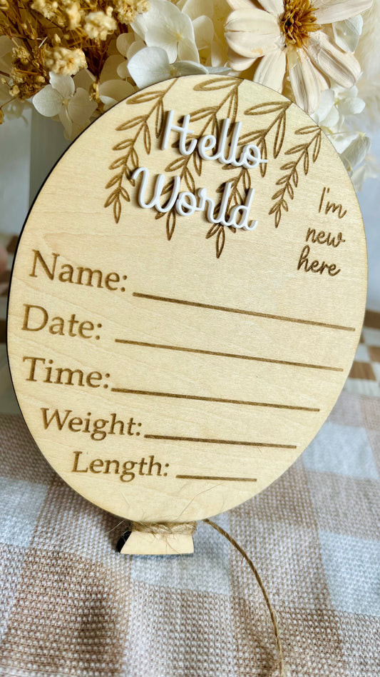 ‘Hello world’ balloon theme birth announcement with cord