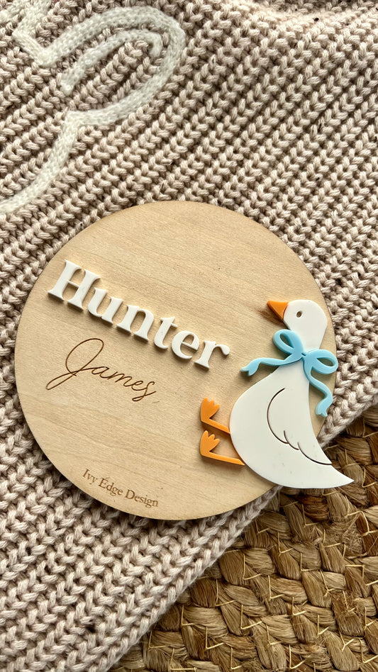 Goose round birth announcement plaque