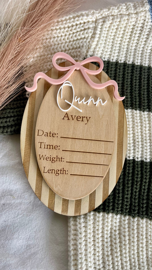 Stripey bow topper birth announcement plaque