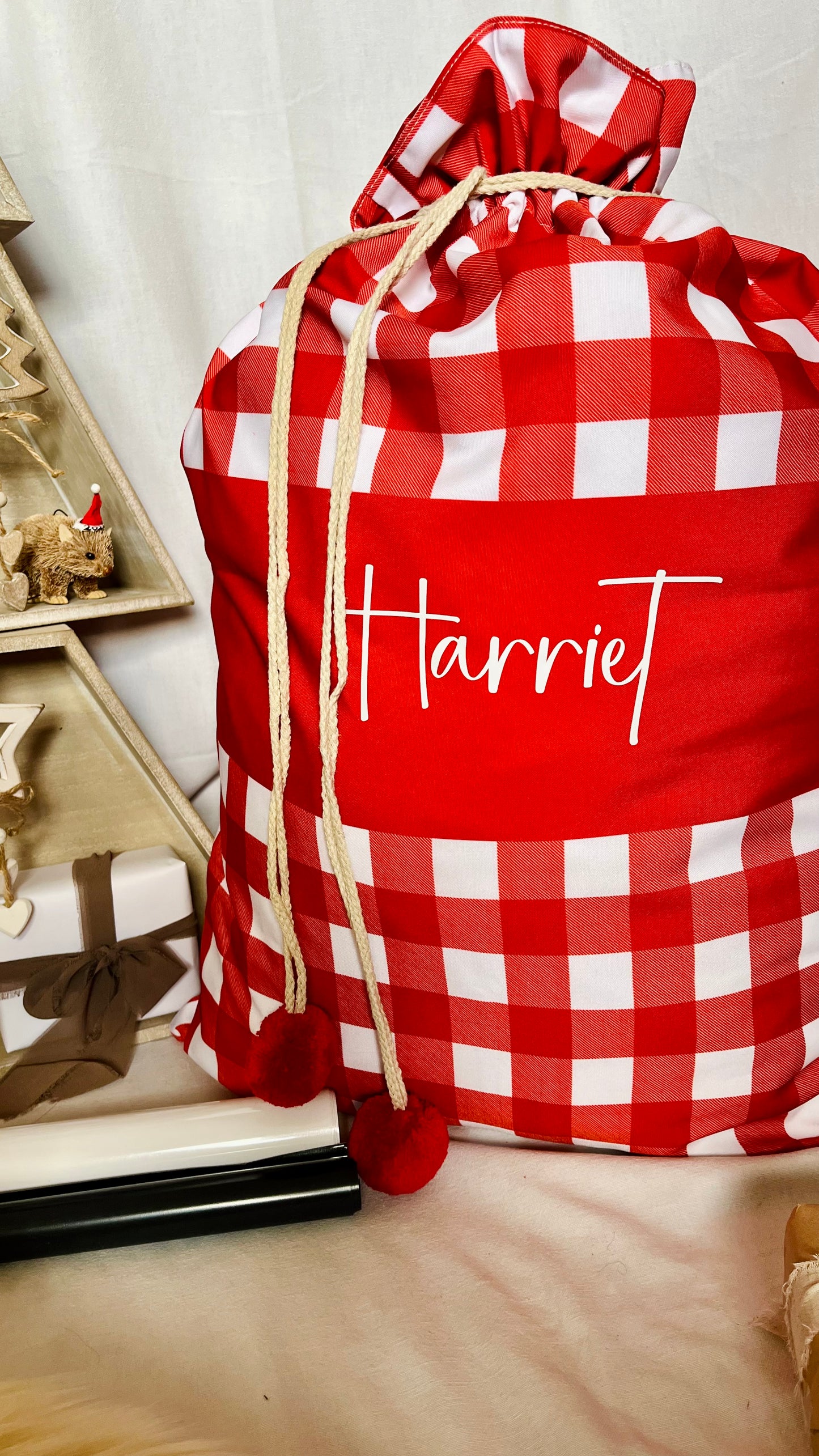 Red gingham with mid stripe Santa sack