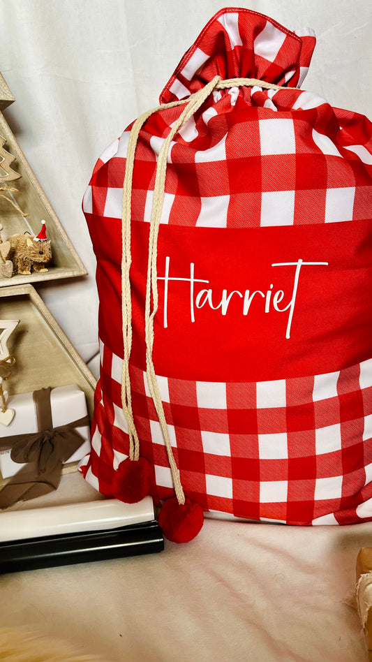 Red gingham with mid stripe Santa sack