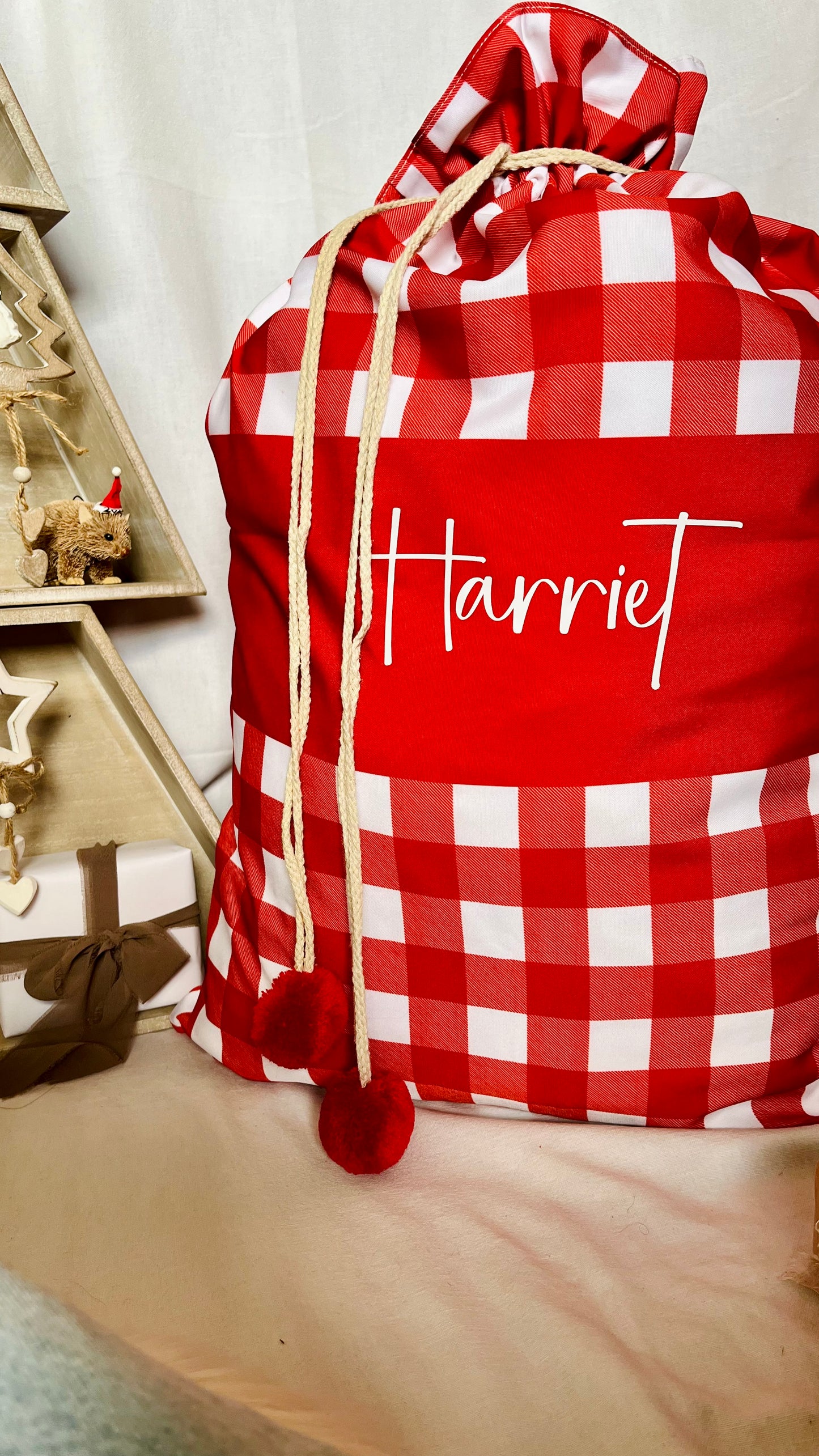 Red gingham with mid stripe Santa sack