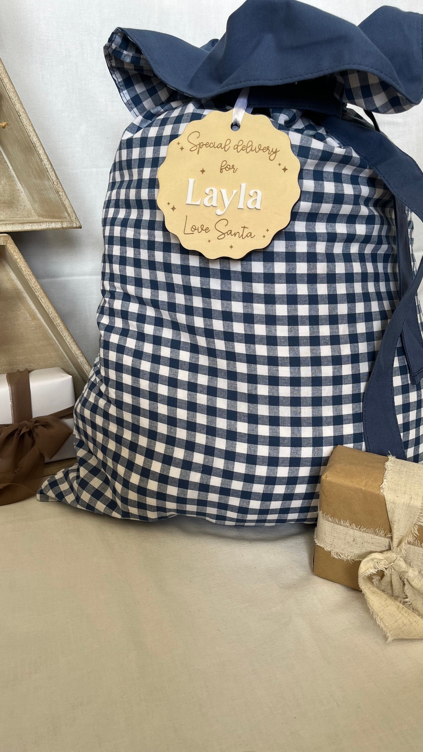 Blue gingham Santa sack