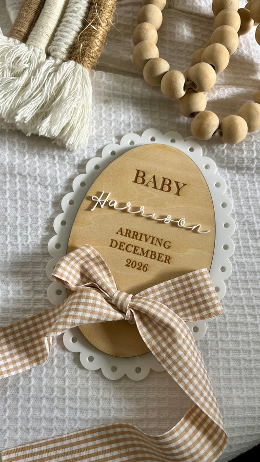 Scallop oval ribbon pregnancy announcement