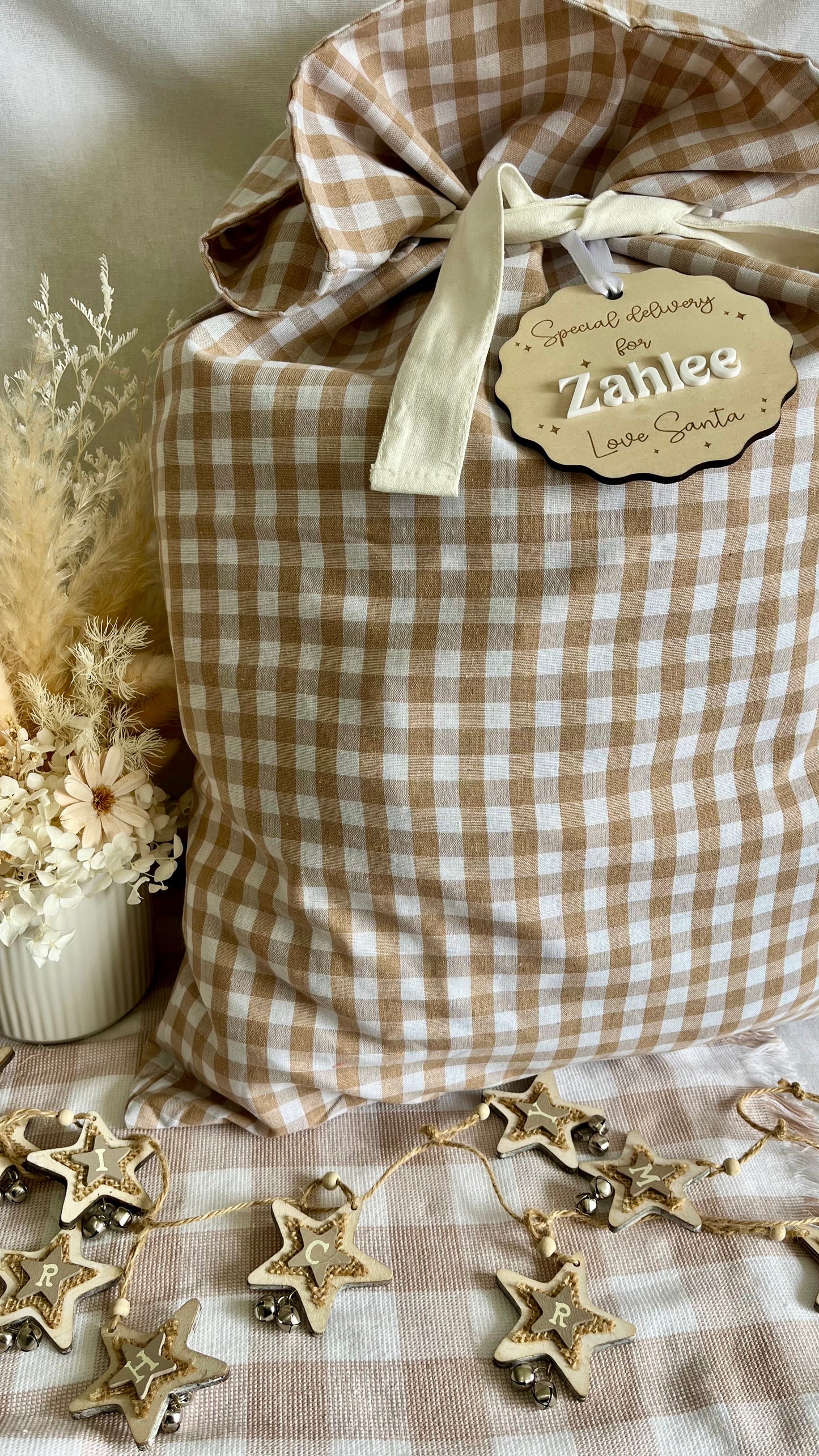 Chocolate gingham Santa sack