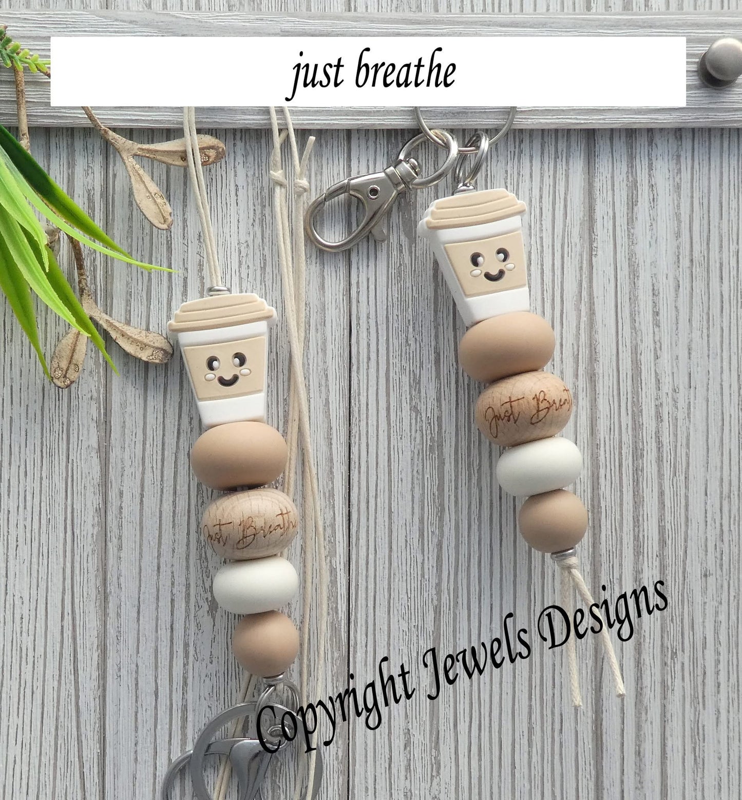 Brown coffee cup ‘just breathe’- key chain or lanyard