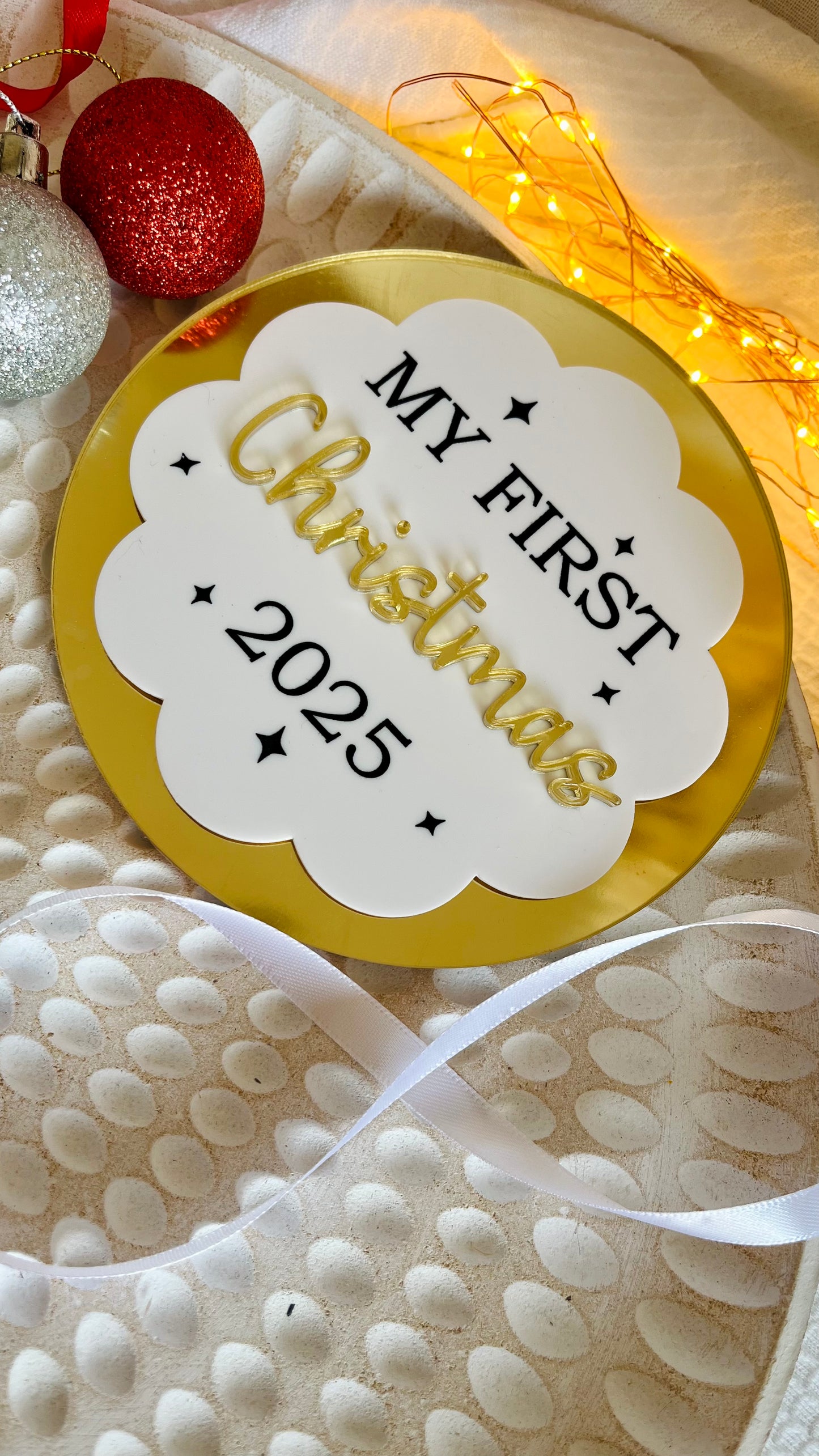 White and gold wave first Christmas plaque