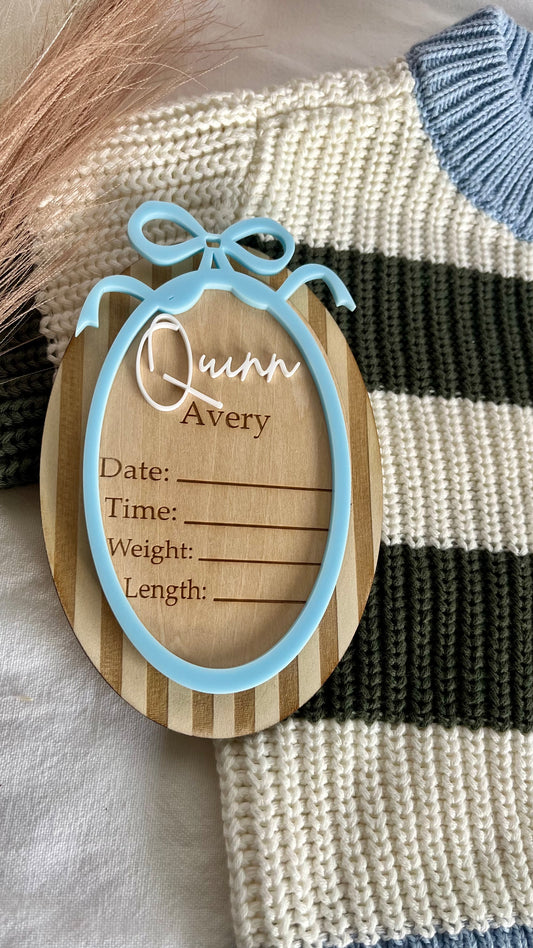 Stripey bow oval birth announcement plaque