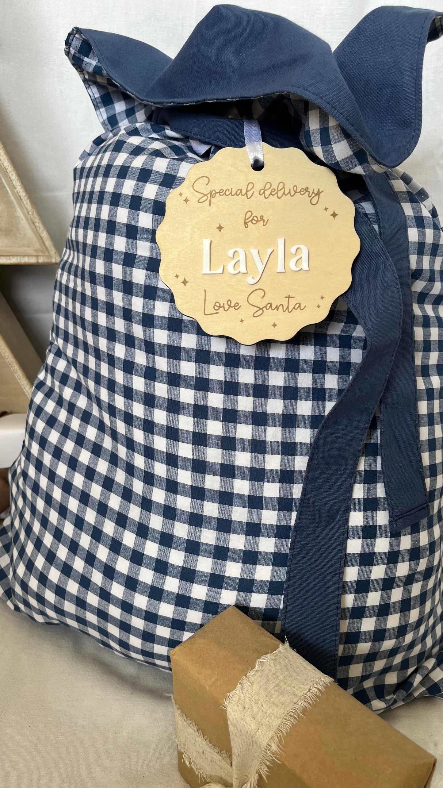 Blue gingham Santa sack