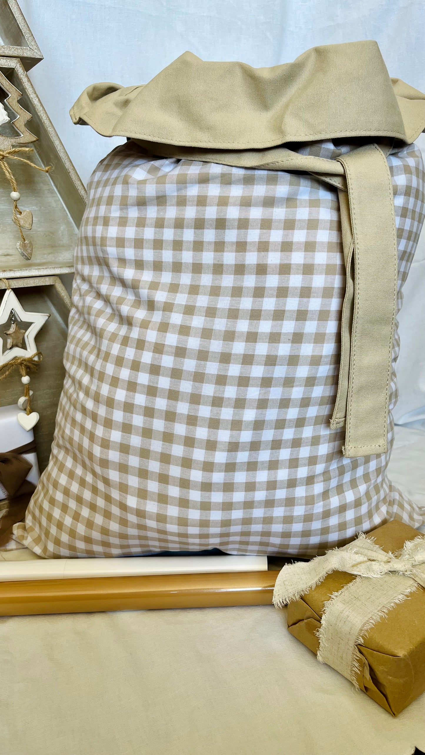 Beige gingham Santa sack