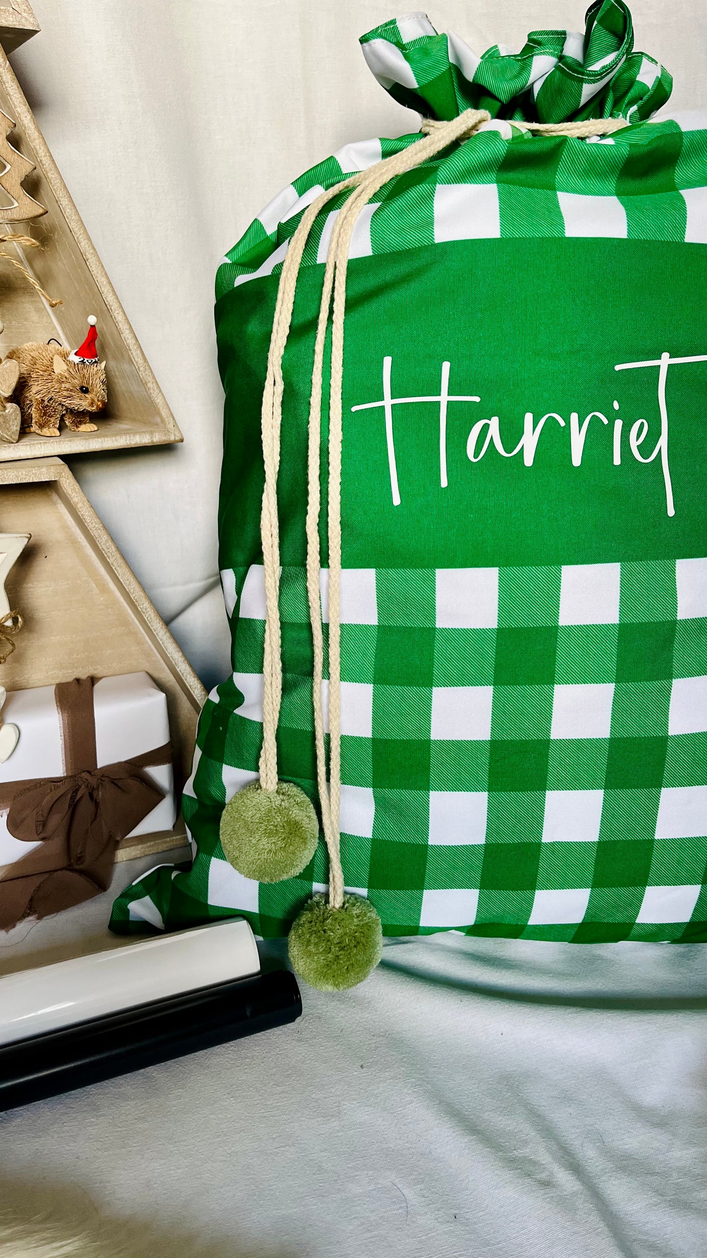 Green gingham with mid stripe Santa sack
