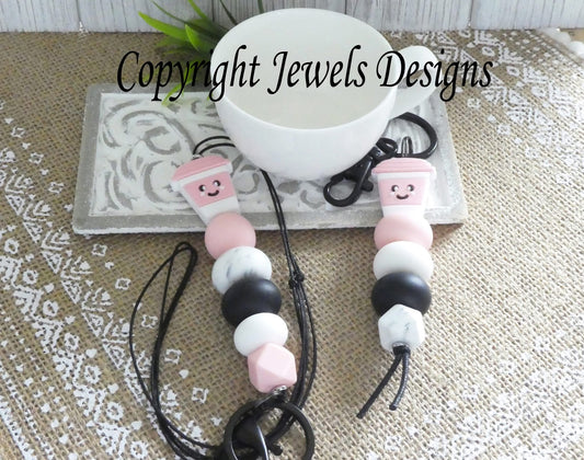 Pink coffee cup - key chain or lanyard