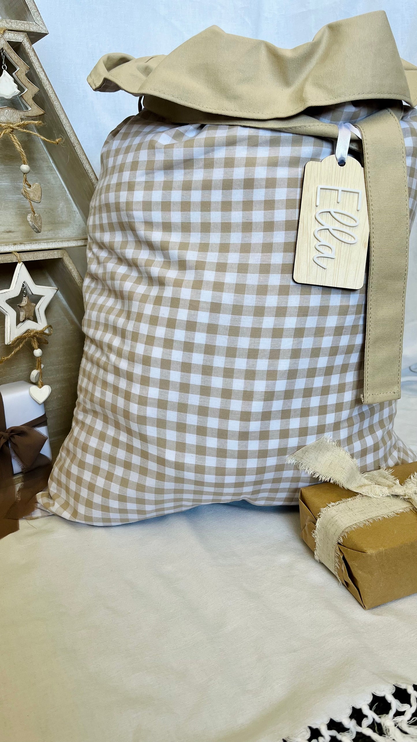 Beige gingham Santa sack