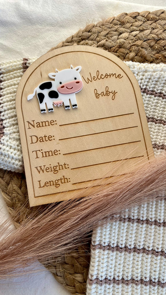 Cow arch birth announcement plaque