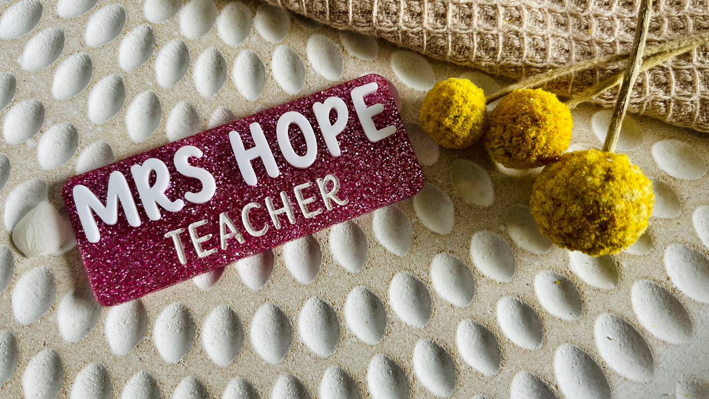 Customised pink glitter name tag
