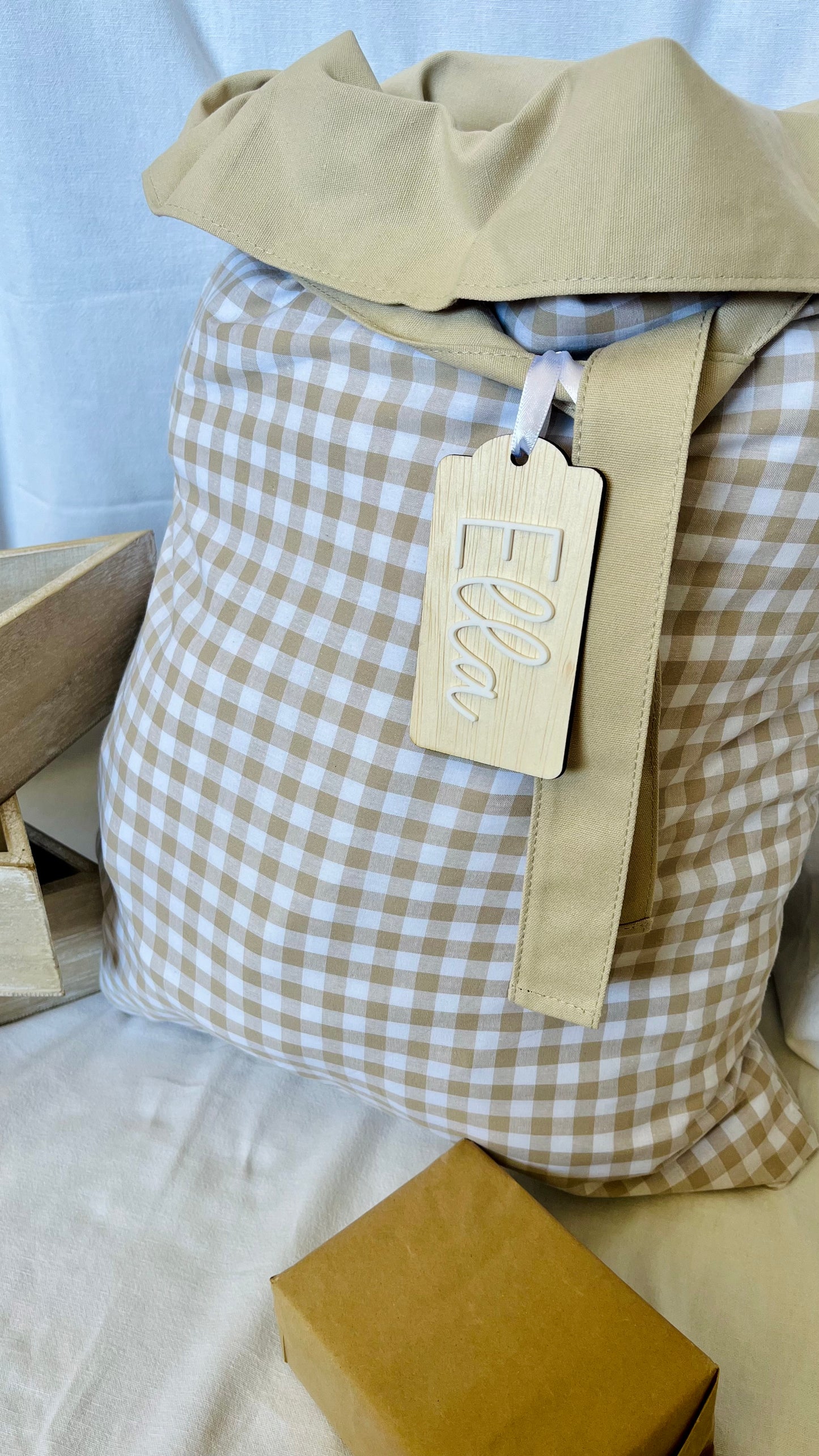 Beige gingham Santa sack