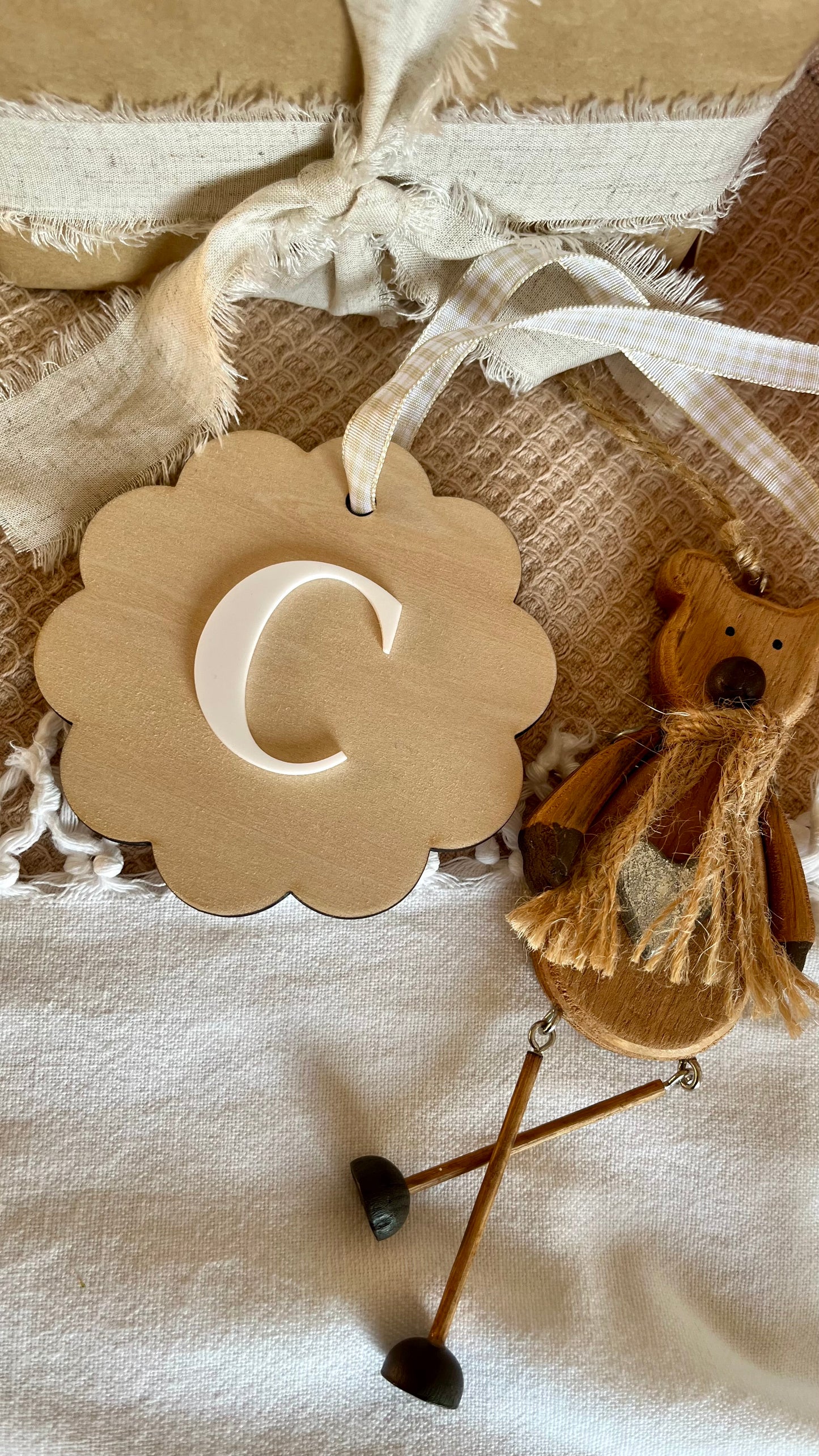 Ply + acrylic initial letter wavy circle bauble
