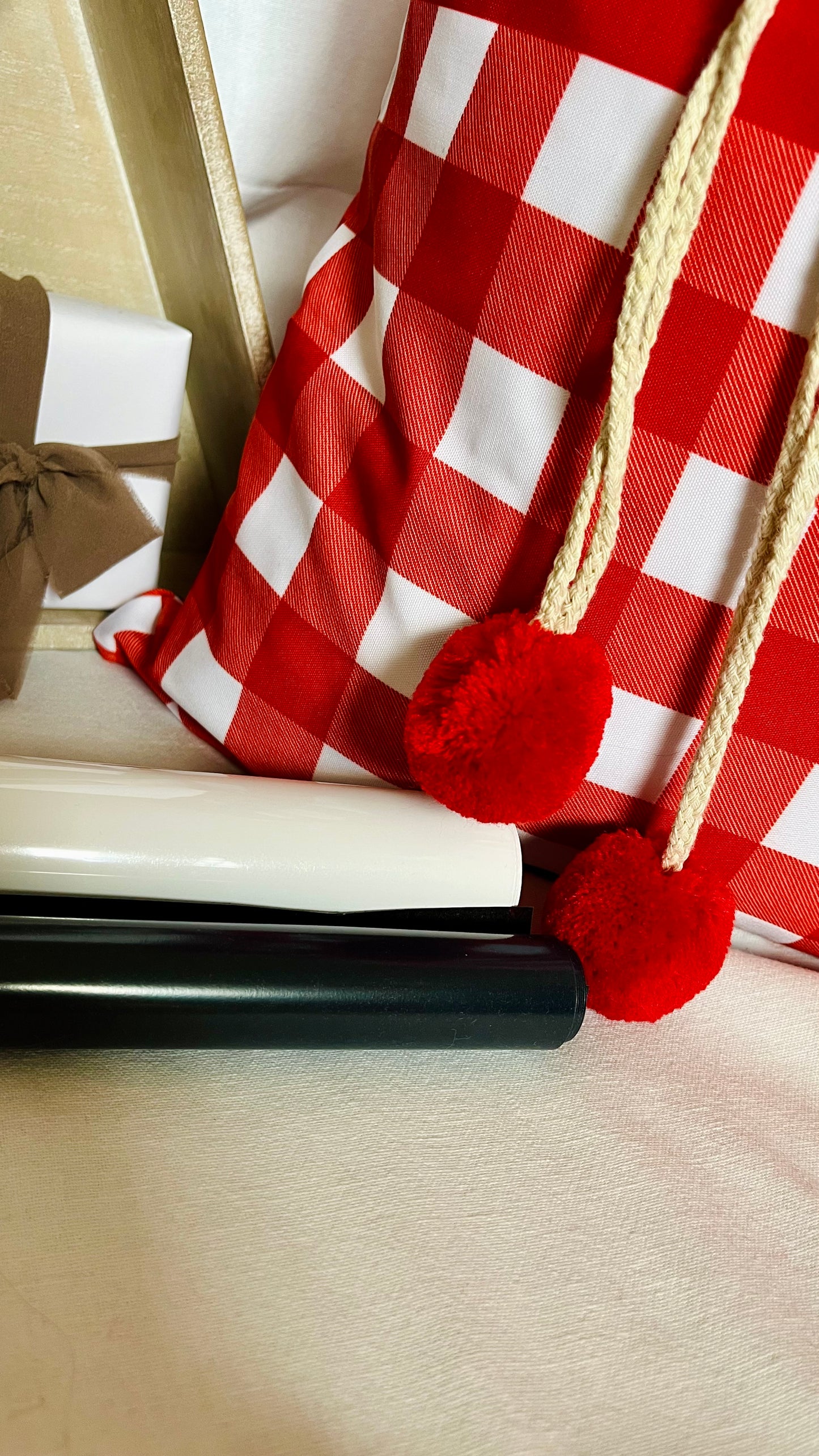 Red gingham with mid stripe Santa sack