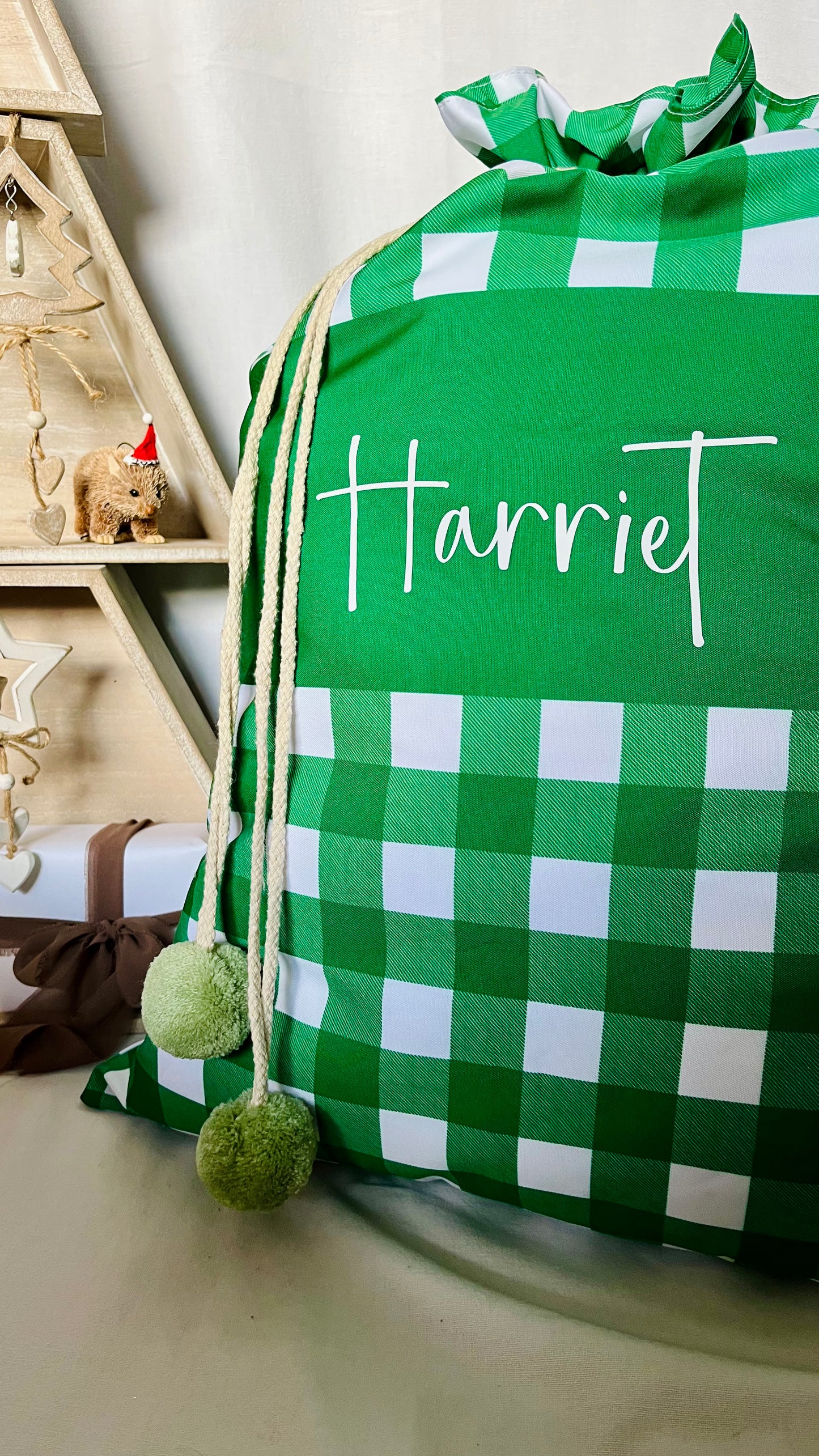 Green gingham with mid stripe Santa sack