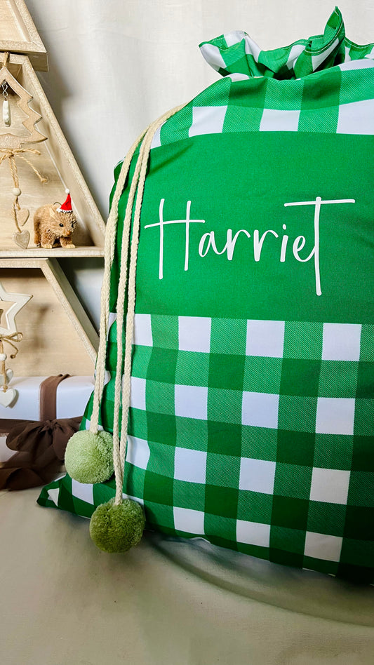 Green gingham with mid stripe Santa sack